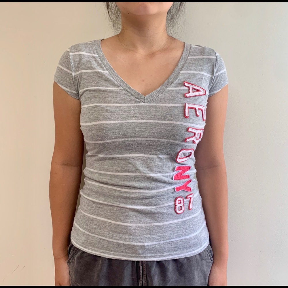 Aeropostale Gray Striped Logo Tee